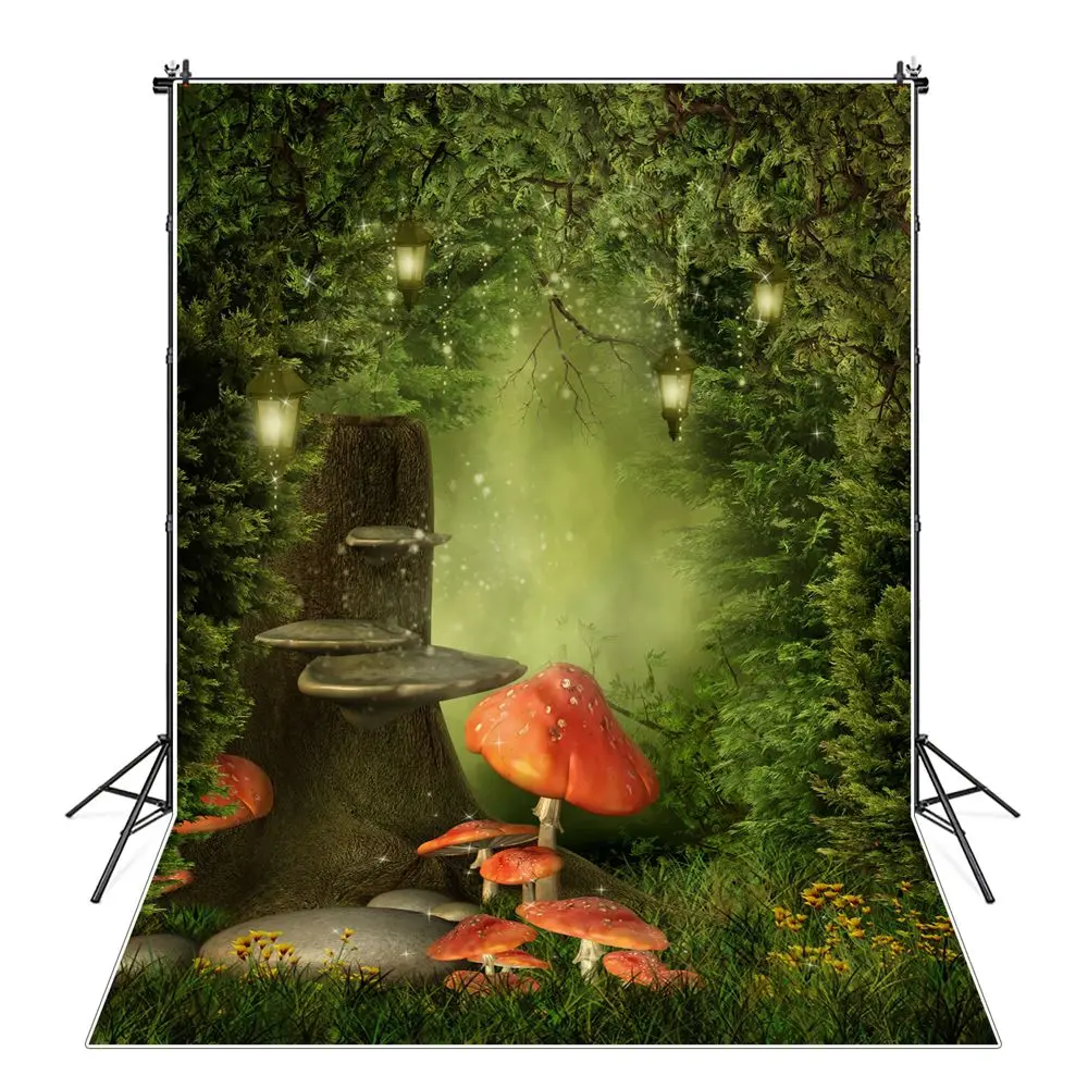 

Fairytale Forest Lantern Mushroom Tree Root Grassland Photography Backdrops Custom Baby Party Decoration Photo Booth Backgrounds