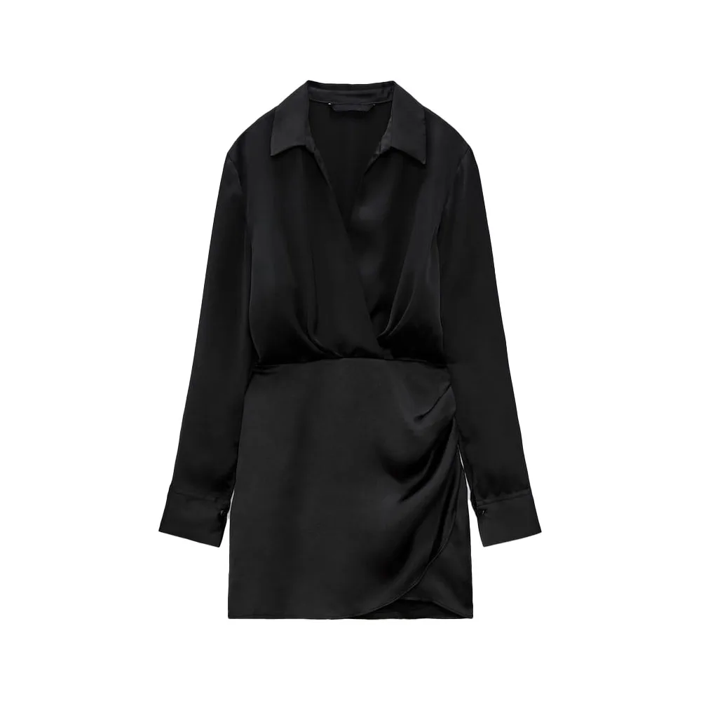 

Женское Короткое атласное платье, черное шелковое платье с V-образным вырезом на талии, лето 2022