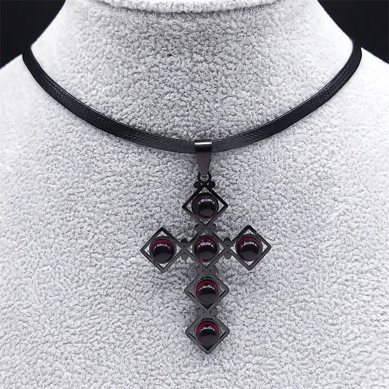 

Gothic Cross Red Stone Necklace Men Stainless Steel Pendant Punk Crucifix Choker Necklaces Goth Religious Faith Jewelry Gifts