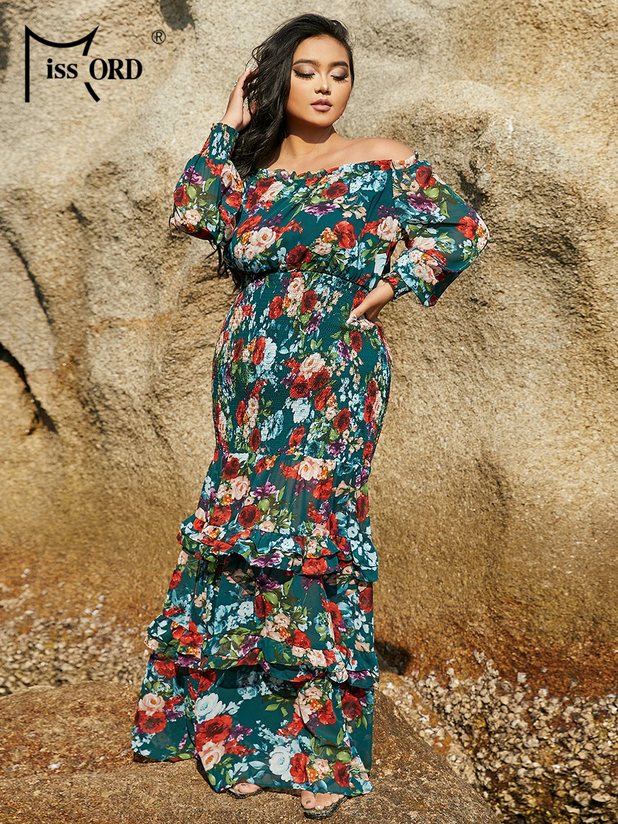 

Missord Floral Print Off Shoulder Lantern Sleeve Plus Size Chiffon Dress 2023 Summer Women Ruffled Long Beach Dresses