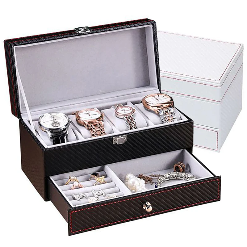 

2-Tier 4 Slots Watch Box Storage Men Women PU Leather Watch Organizer Jewelry Display Case Organizer with Jewelry Drawer Gift