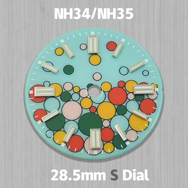 Фото Циферблат NH35, 28,5 мм, S-логотип, эмалированный цвет, пузырьковый циферблат, зеленый светящийся, подходит для деталей модификации часов с механизмом NH34/NH35 №1