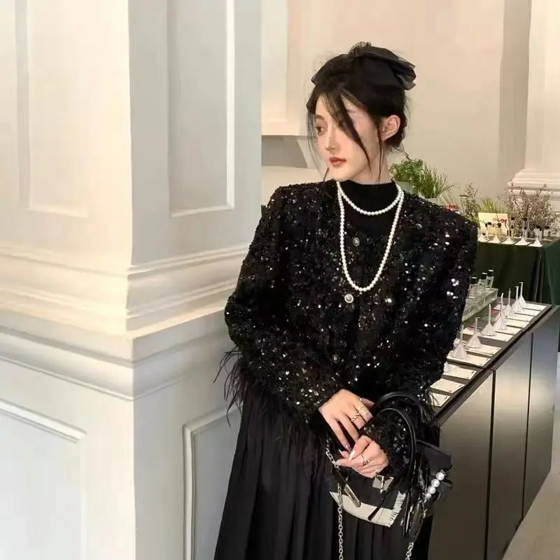 Женское осенне-зимнее черное маленькое ароматное грубое твидовое элегантное