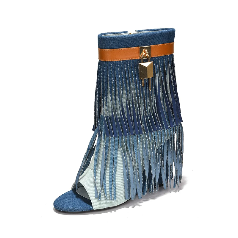 Women Boots Trend 2023 Spring Summer Fashion Tassels Fish Mouth Shoes Wedges Metal Lock Breathable Cool Denim Boots For Women