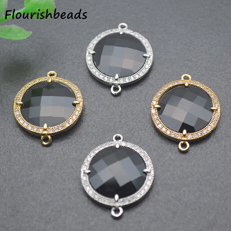 Diy Bracelet Findings Nickel Free Anti Fading  Gold Plated Shiny Black White CZ Pave Big Size Round Connector Charms 10pcs