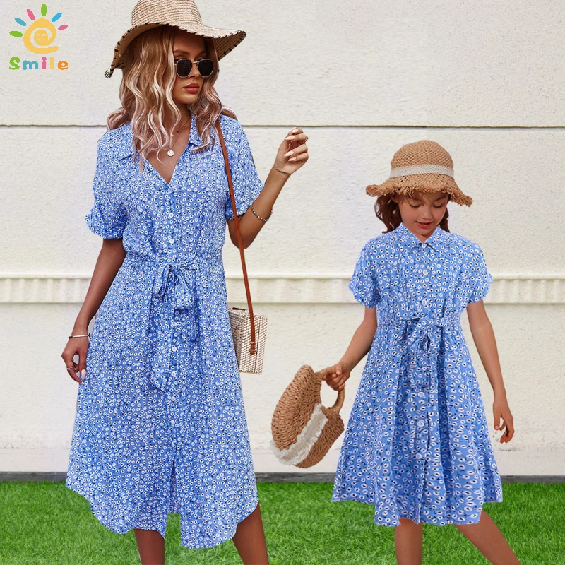 

2023 Summer Mom and Daughter Dress Fashion Sundress Short Sleeve Slit Dress Mother and Daughter Clothes Matching Family Outfits