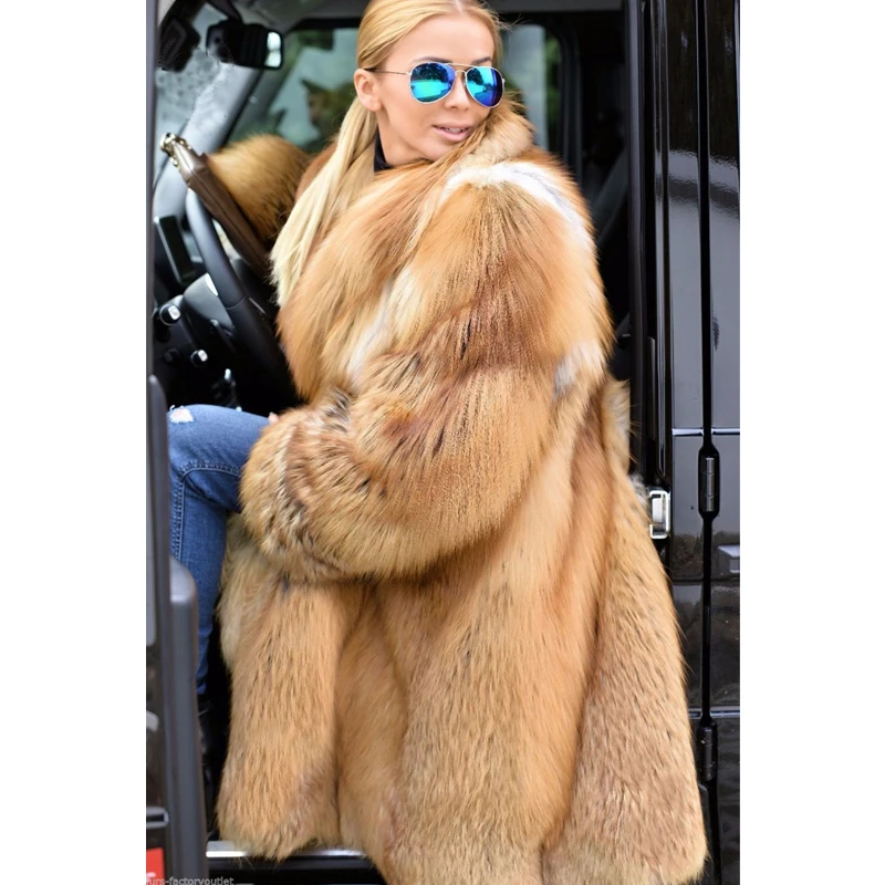 Winter Real Red Fox Fur Coat 90cm Long Thick Warm Luxury Overcoat Women Genuine Whole Skin Fox Fur Coats With Fur Collar