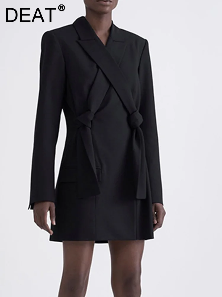 

DEAT Fashion Women's Blazer Kink Tie Bow Notched Collar Long Sleeve Slim Waist Solid Color Suit Jackets Autumn 2023 New 17A4191