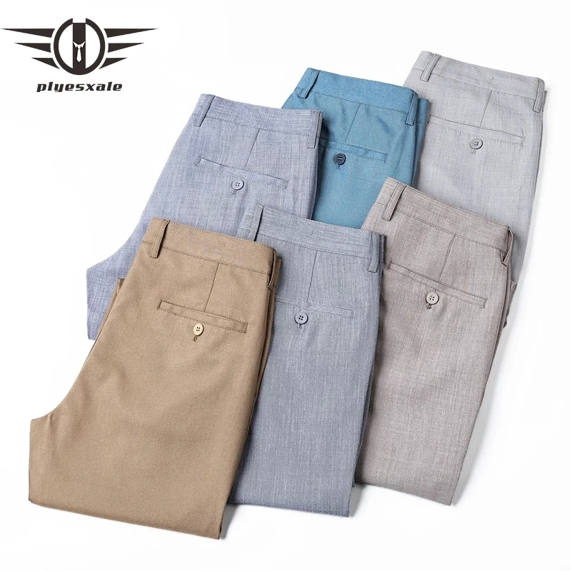 Plyesxale Spring Summer Men Suit Pants High Quality Stretch Light Grey Khaki Thin Dress Trousers Male Formal Business Pants P90