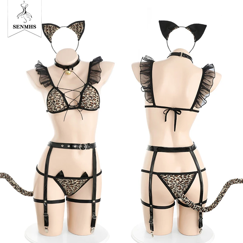 

SENMHS женский сексуальный леопардовый комплект нижнего белья для взрослых Аниме Кошка Косплей Костюм Хэллоуин Униформа с хвостом уши боди 7 шт.