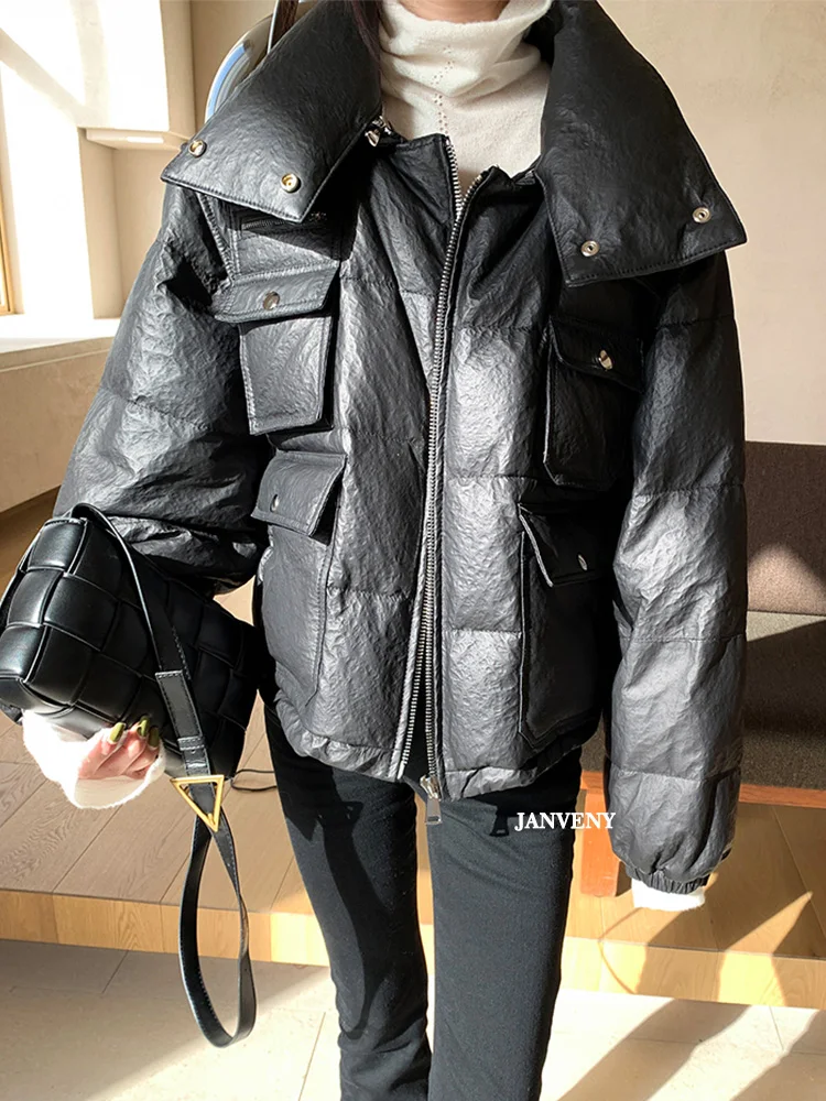 Janveny New Winter Fashion Detachable Sleeve Warm Parka Women Vintage Oversized Jacket Thick Faux Leather Cropped Duck Down Coat