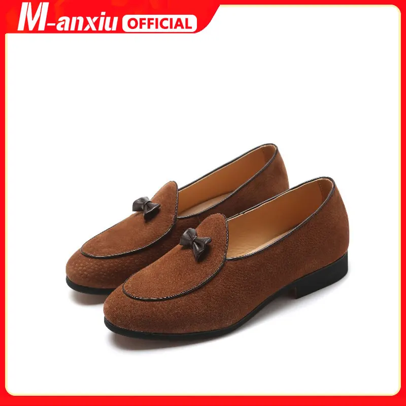 M-anxiu Men Fashion Suede Leather Doug Shoes Casual Moccasin Flat Bowknot Slip-On Driver Shoes Dress Loafers Night Club Shoes