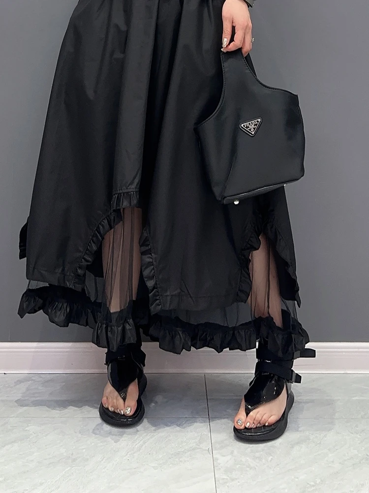 

Mesh Spliced Trim Skirt For Women Summer Elastic Waist Skirt Street Wear Black Irregular A Line Skirt