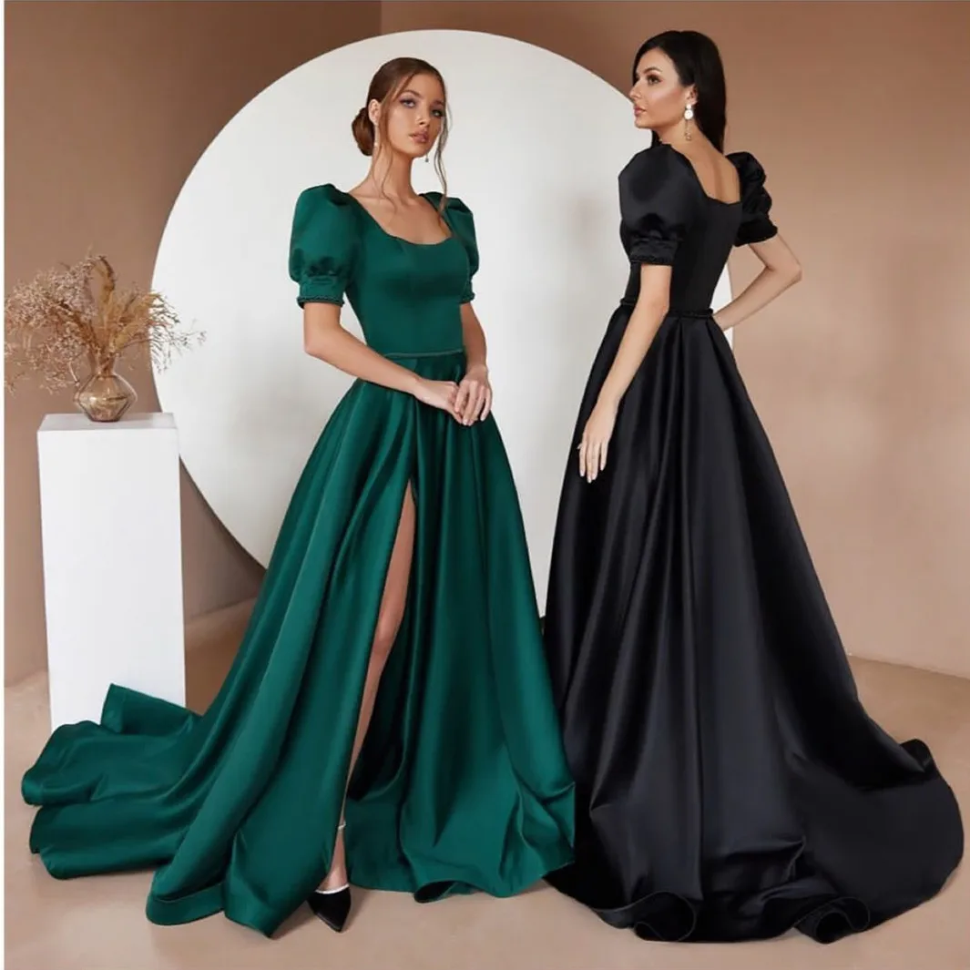 

Elegant Long Black Satin Prom Dresses A-Line Sqaure Collar Split Robes de soirée Sweep Train Criss Cross Evening Dress for Women