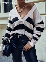 noosgop autumn winter 2022 women pullover sweater deep v neck turn down collar knit wide colors strips black white patchwork