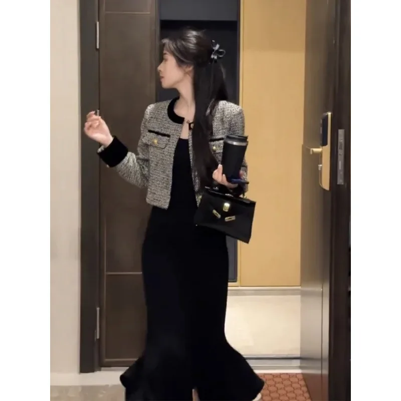 Элегантный женский твидовый костюм во французском стиле комплект платья новинка