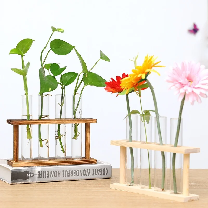 

Wooden Frame Hydroponic Container Glass Test Tube Vase Hydroponic Green Radish Dried Flower Plant Flower Home Decoration Pots
