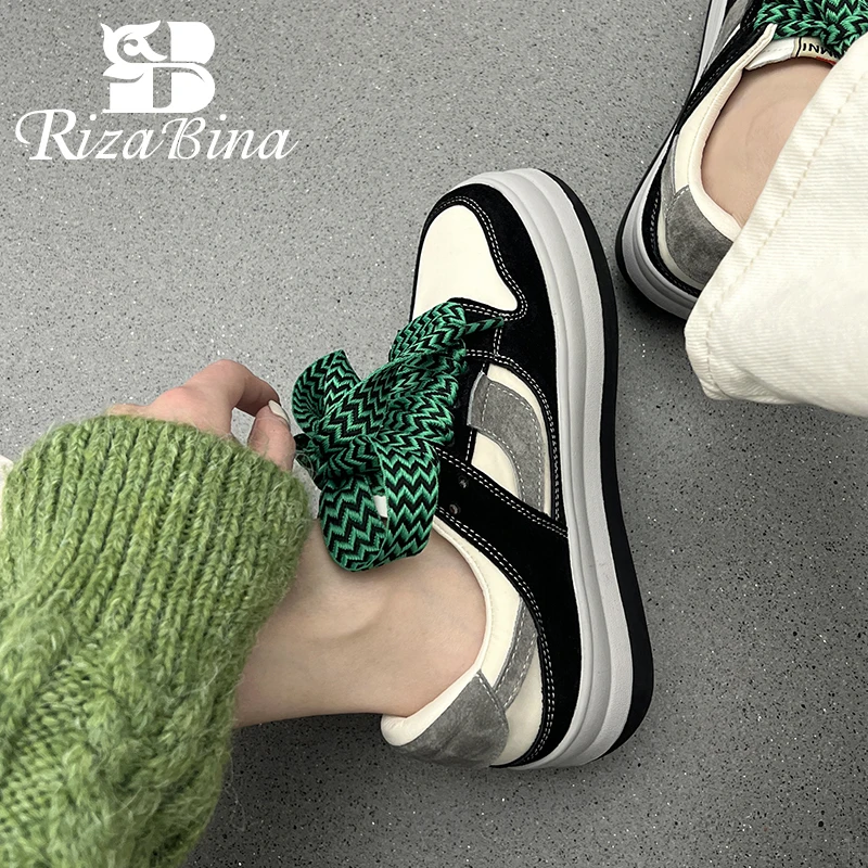 

RIZABINA Women Platform Sneakers Genuine Leather Thick Sole Mixed Color Breathable Soft Patchwork Casual Skateboarding Shoes Ins