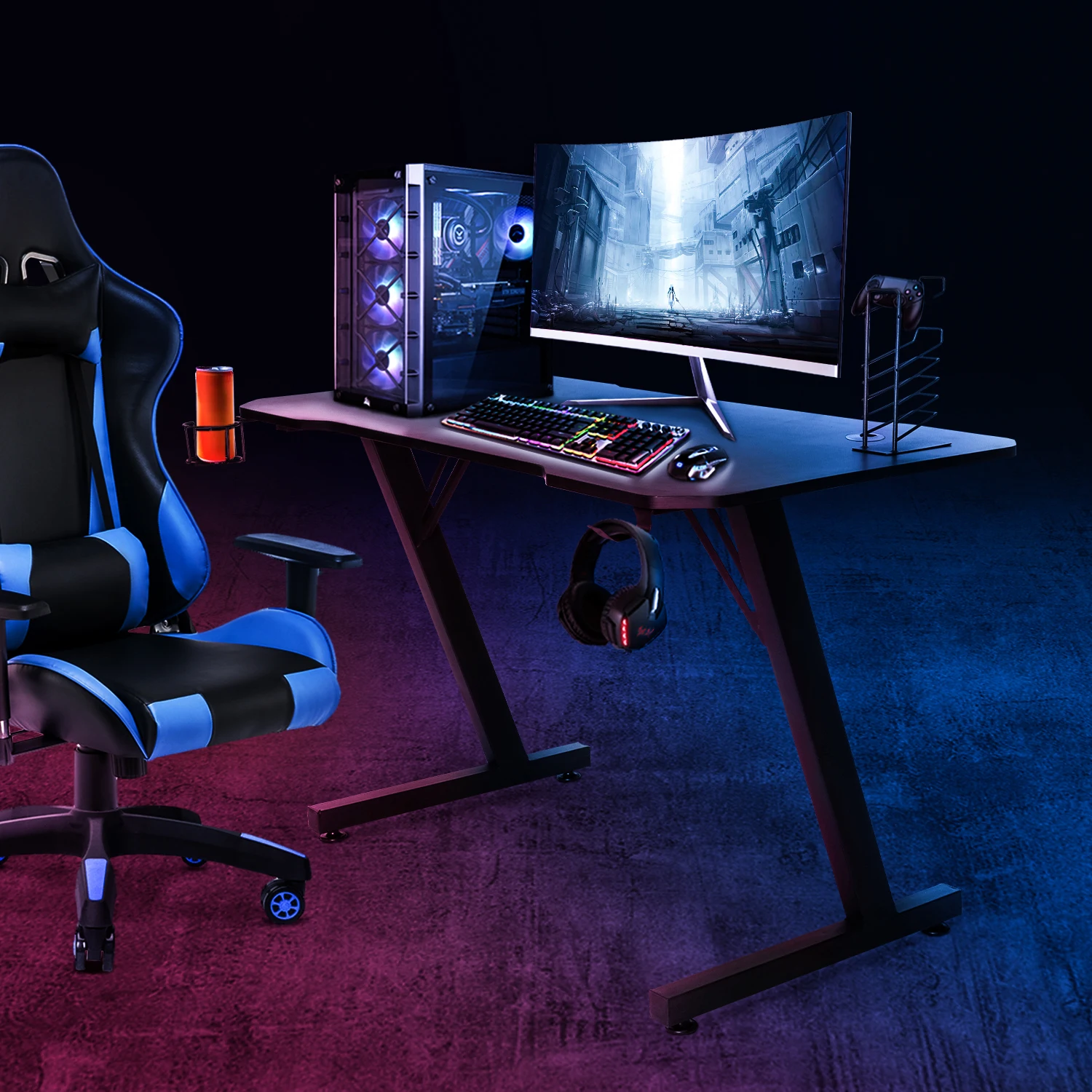 

Black Gaming Desk Gaming Computer Desk Table with Cup Holder& Handle Rack&Headphone Hook Gaming Table