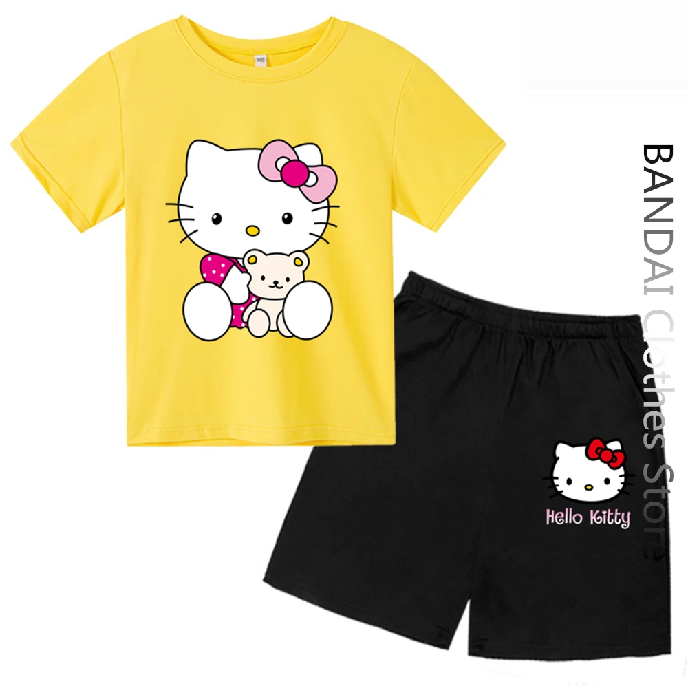

Kawaii Hello Kitty Tshirt Set Cartoon Short sleeve Boys Girls Harajuku T-Shirt Kids Tshirt Funny Women Tops Children Clothing