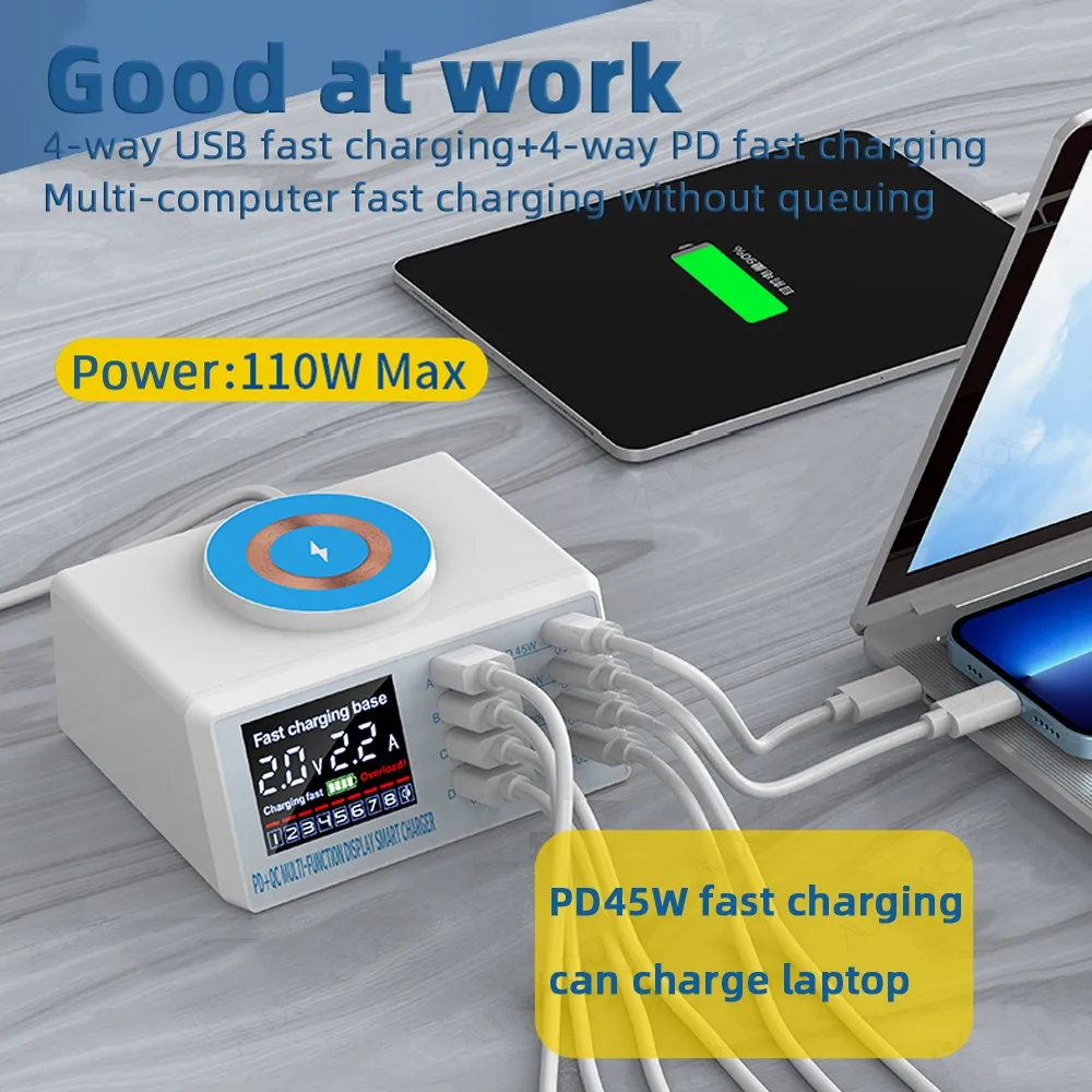 

110W Multi USB Charging Station Wireless Charger Digital Display QC3.0 PD PPS Quick Charge for IPhone 14 13 Max Xiaomi Samsung
