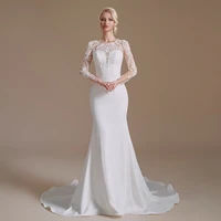 long sleeve wedding dress 2022 elegant lace satin o neck beaded mermaid bridal gown button back illusion vestido de novia
