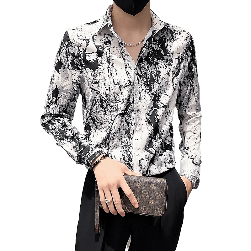 2022 Ink Splash Print Shirt Men Autumn Long Sleeve Casual Slim Business Formal Dress Shirt Streetwear Social Party Tuxedo Blouse