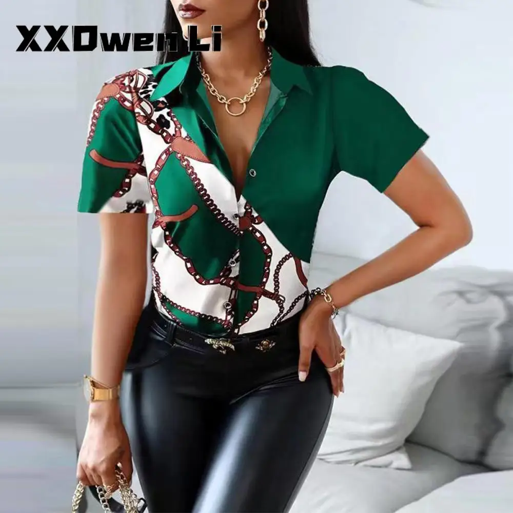 

Summer Women Blouses Print Lapel Short Sleeve Shirt Tops 2022 Fashion Lady Office Single Breasted Slim Vintage Tops Female