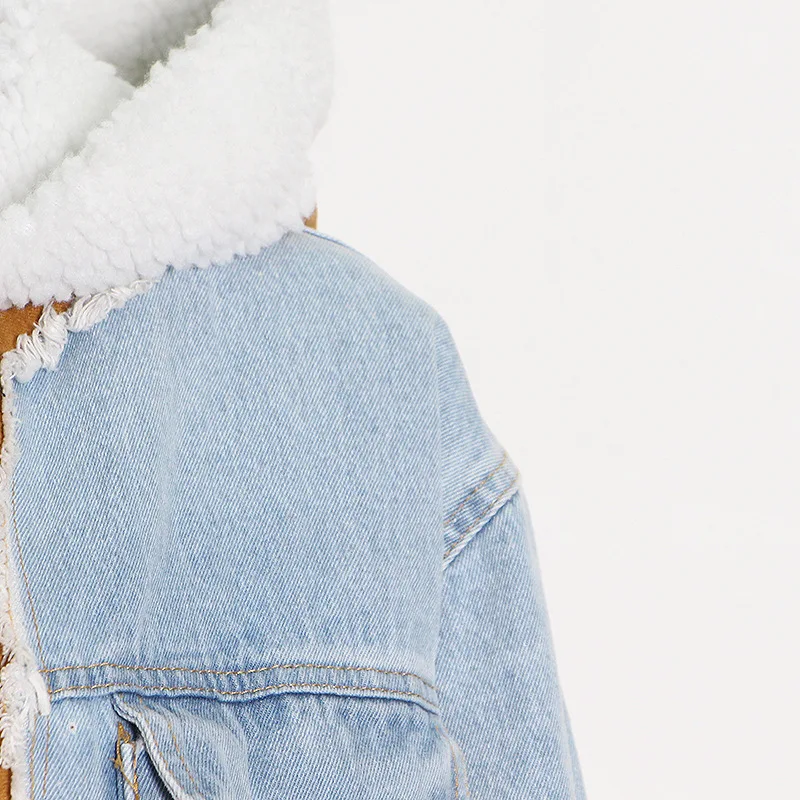 Women Furry Denim Jacket Autumn and Winter Contrast Color Stitching Large Pocket Lamb Wool Coat