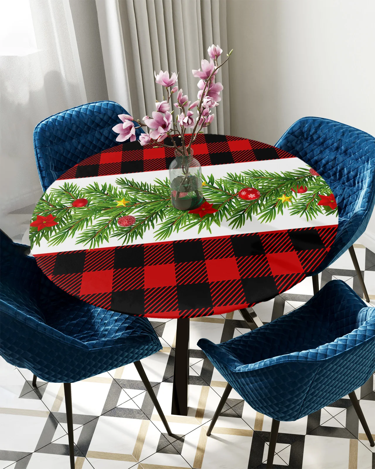 

Рождественская сосновая ветка, цветок, Красная клетка, круглая, прямоугольная, водонепроницаемая, эластичная скатерть, домашняя искусственная Обложка для стола