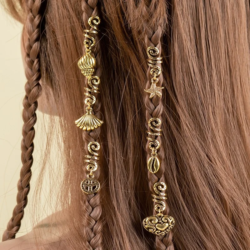 

6pcs Ethnic Style Charm Beads Hair Rings Set Alloy Spiral Hairclips Dreadlock Braids Hairpin Women Girl Fashion Hair Accessories