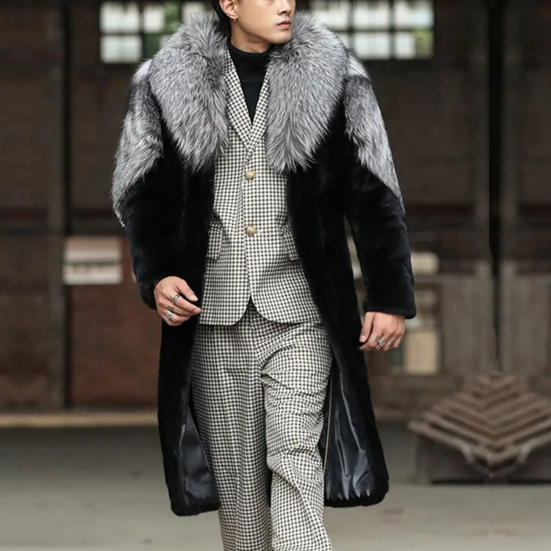 

Luxury Mens Oversize Mink Fur Coats Winter Warm Elegant Gentleman Big Fur Collar Long Trench Coats Soft Fluffy Overcoats Man