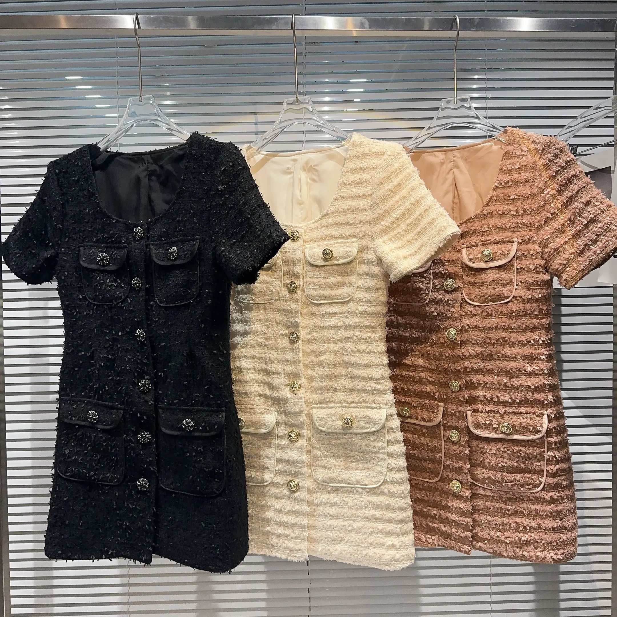 

Net Red 2023 New Summer Fashion Lady Short Sleeve Dress Elegant Vintage Single-breasted Tweeds Straight A-line Short Dresses