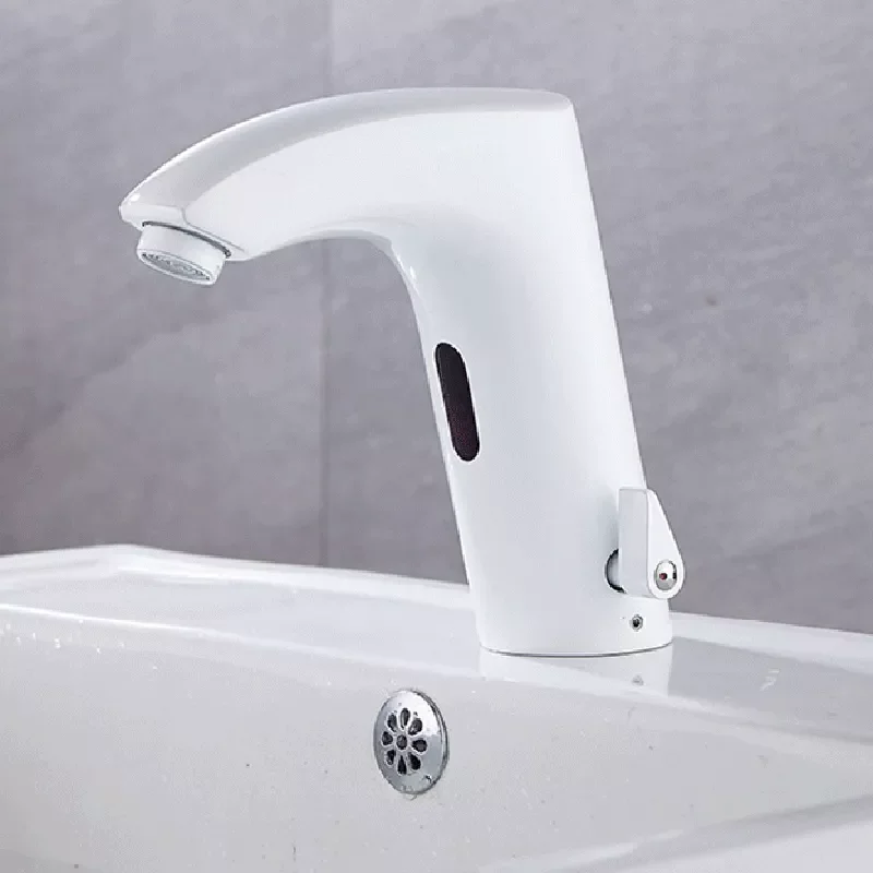 

White Sensor Bathroom Faucet Cold and Hot Deck Mounted Infrared Sensor All Brass Sink Mixer Battery Powered