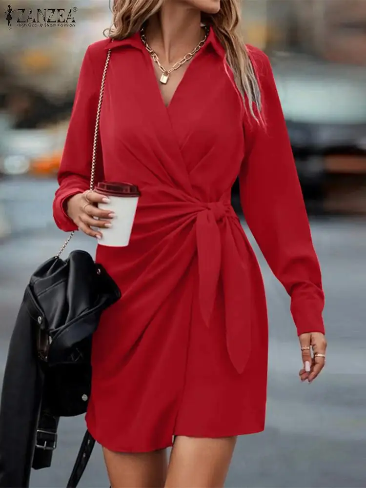 

ZANZEA Women Office Lady Dress Fashion Holiday Bandage Robe Autumn Lapel Solid Mini Vestido 2023 Vintage Long Sleeve Short Dress