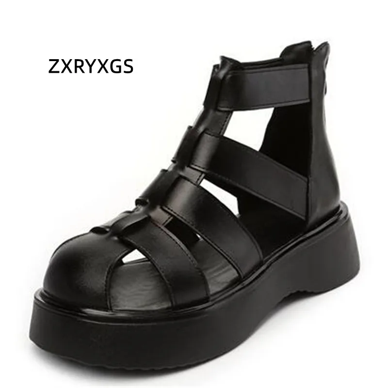 

2022 Summer Premium Cowhide Round Toe Loose Comfort Roman Sandals Cool Boots Platform Increase Sandals Wedges Women Sandal Shoes