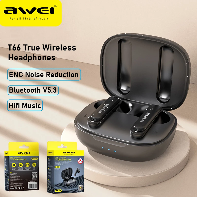 Awei T66 Wireless Bluetooth 5.3 Earphones Bluetooth Headphones Stereo Sports Headset ENC TWS Earbuds With Dual HD Mic