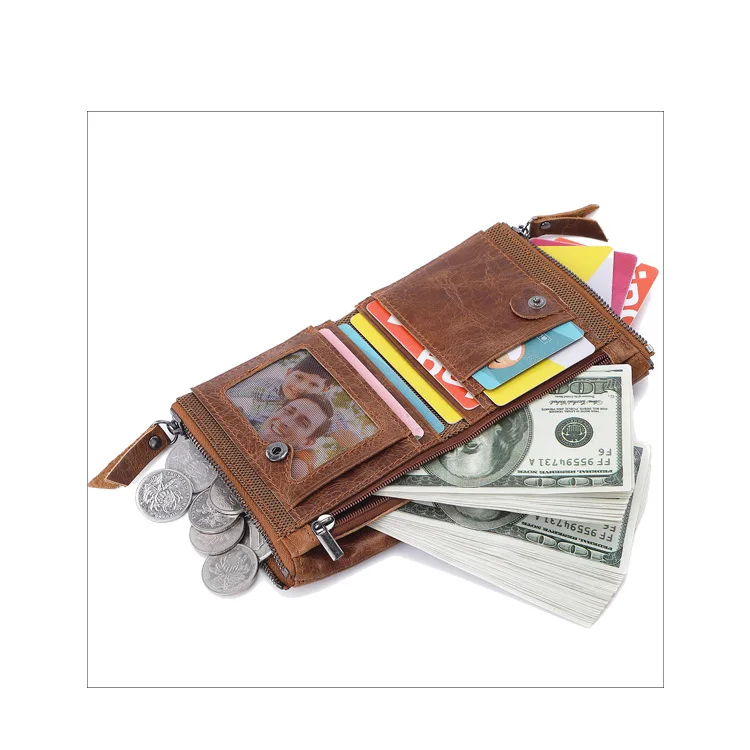 Factory Supply Genuine Leather Men's Wallet Short Fashion Zero Wallet Crazy Horse Cowhide Double Zipper Wallet