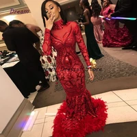 high neck red mermaid evening dresses party 2022 sequined prom gowns full sleeve womens dress spring fashion robes de soir%c3%a9e