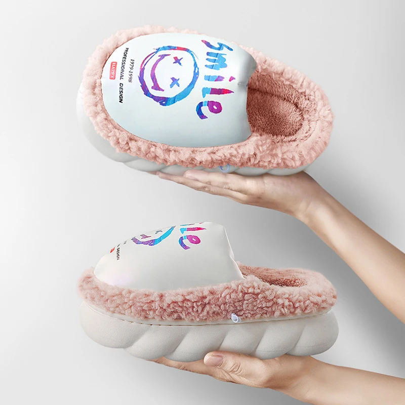 Smile Shaped Women Winter Slippers for House Platform Shoes Mix-Color Home Slippers for Female Warm Plush Non-slip Couple Shoes