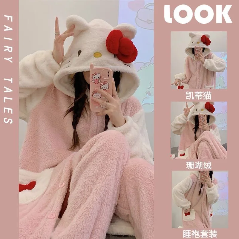 Sanrio милые пижамы Hello Kitty женские с героями мультфильмов осень-зима коралловая