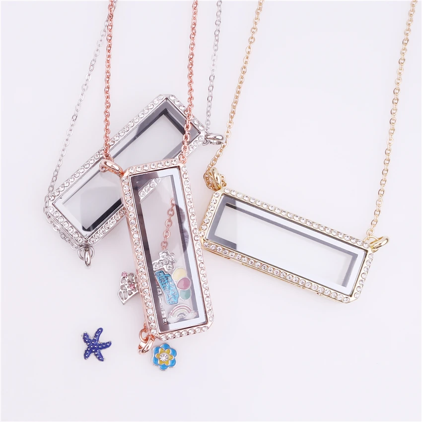 

5Pcs Alloy Rectangular Rhinestones Memory Floating Locket Charm Pendant Necklace Keychain For Men Women Gift Jewelry Making Bulk