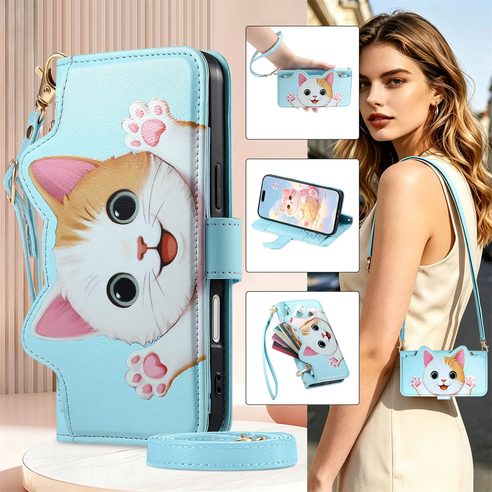 Фото Милый мультяшный кошелек-чехол с изображением кота для OPPO A98 A96 A94 A92 A91 A93 A80 A79 A78 A77 A76 A74 A73 A72, многофункциональный, на 5 карт, с откидной крышкой №5