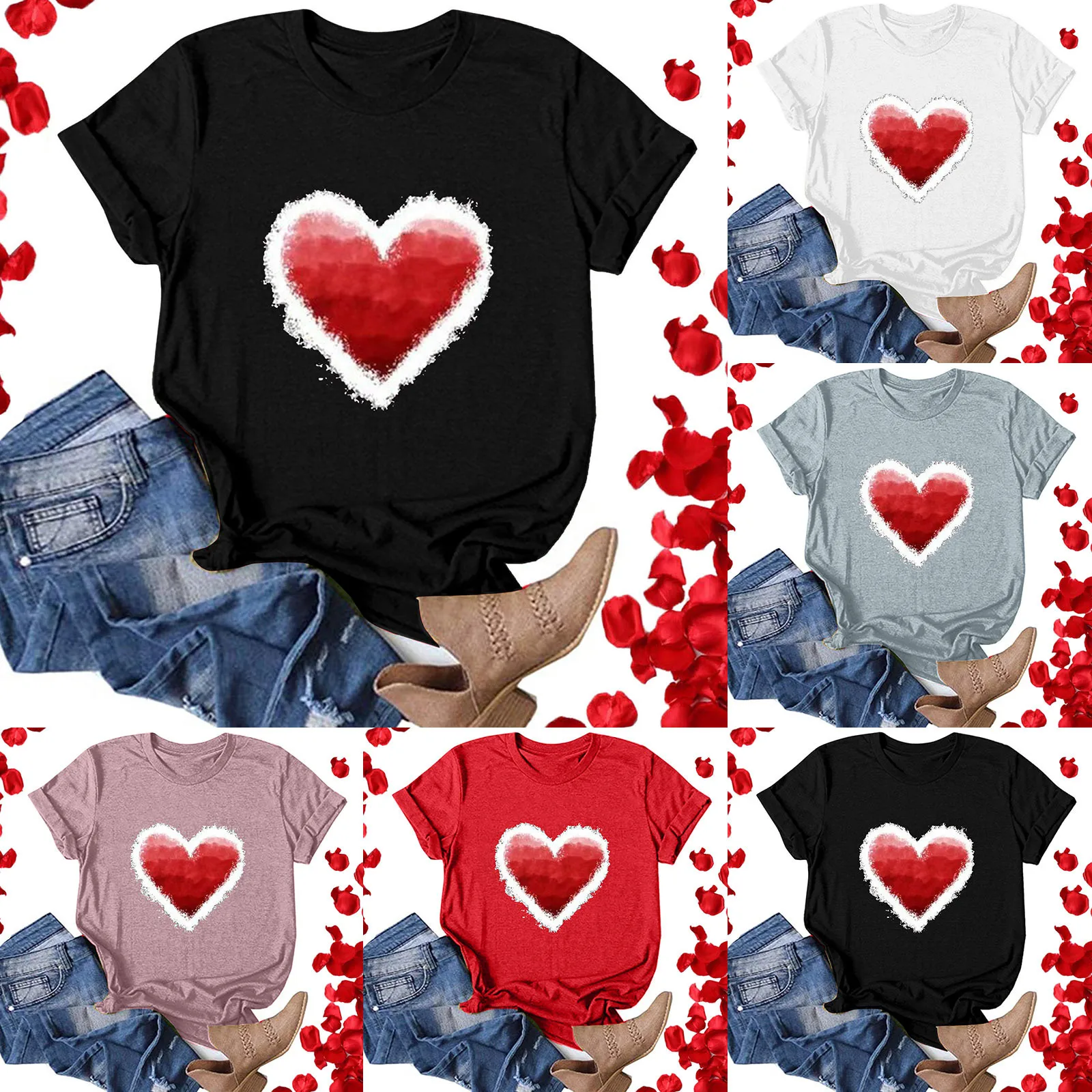 

Womens Fashion Short Sleeve Printed Round Neck Short Sleeve Top Heart Womens Stretchy Workout Lightweight