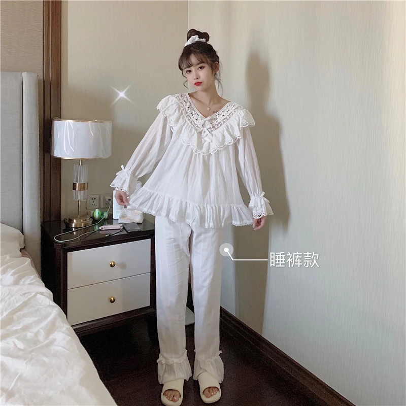 Lolita Princess White Pajamas Set Women Lace Ruffles Embroidery Two Piece Home Suit Sweet Striped Sleepwear Crochet Bow
