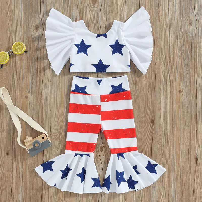 

New Fashion Kids Girls Pants Set Fly Sleeve Stars Print Tops With Striped Flare Pants Summer Outfit 12 Months-5 Years Hot Sale