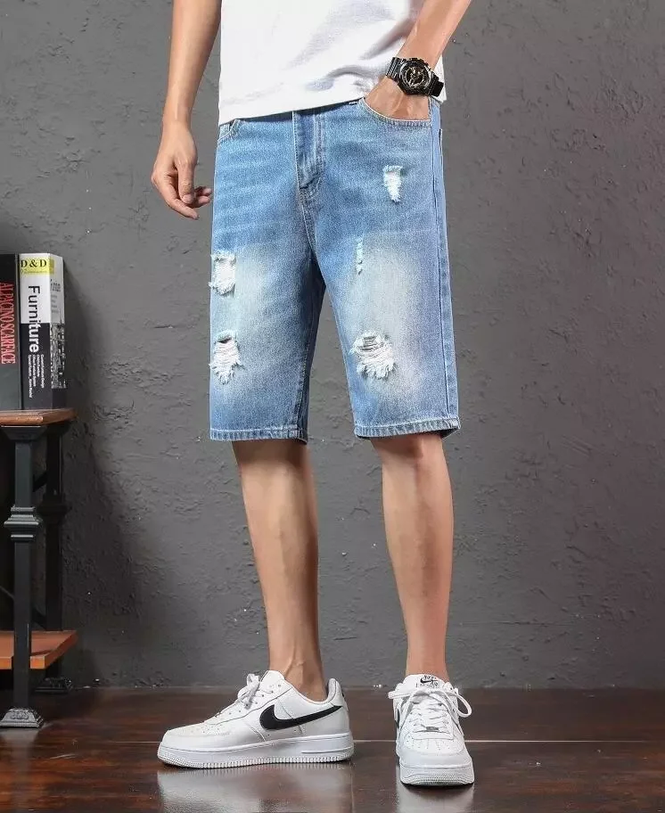 2022New Black Denim Shorts Summer Light Blue Holes Shorts Jeans Good Quality Men Cotton Casual Jeans Shorts Slim Denim Jeans Sho