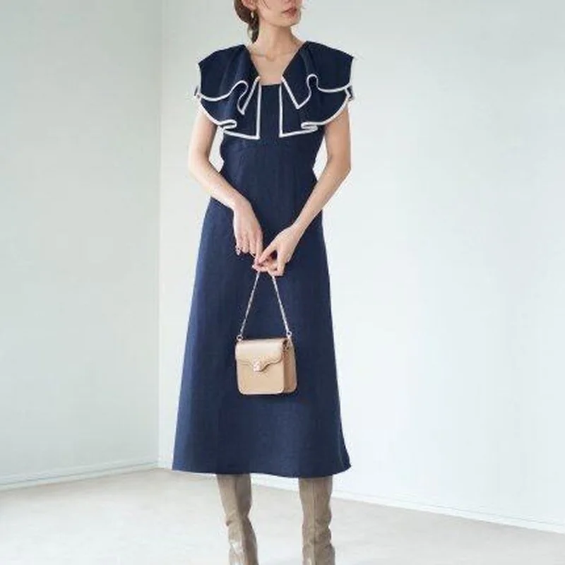 

Женское летнее платье с оборками, элегантное японское платье до середины икры, однотонное платье на шнуровке с высокой талией, 2022