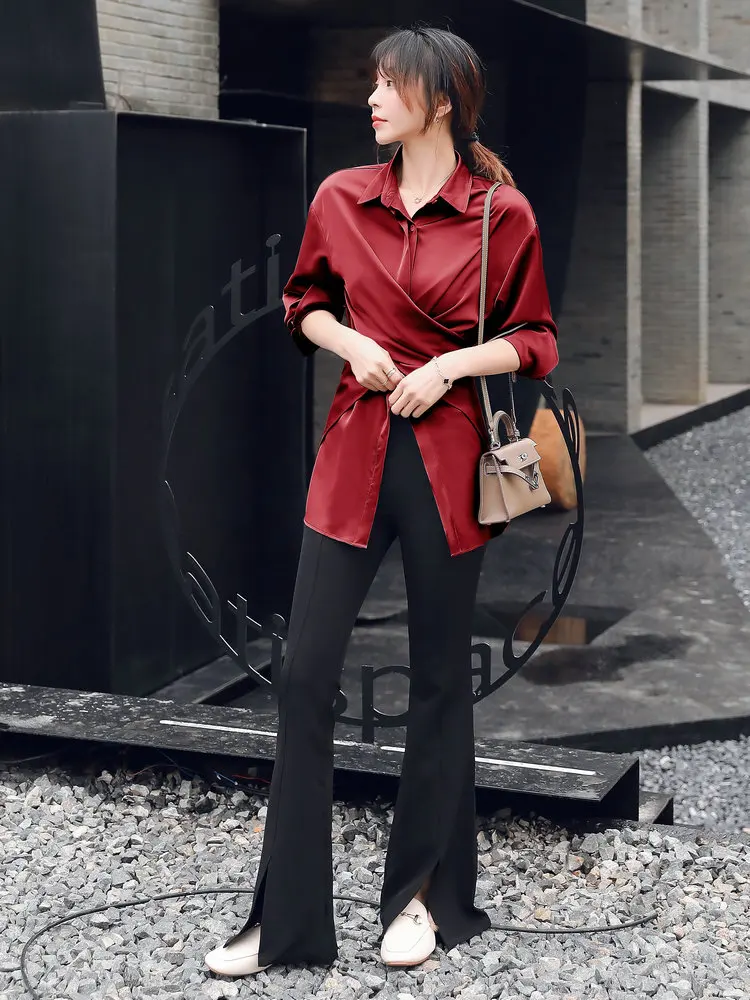 2022 Spring Women Pink Claret-Red Shrts And Black Pant Suits 2PCS Set Office Lady Stylish Top And Trouser Two Pieces Twinset New
