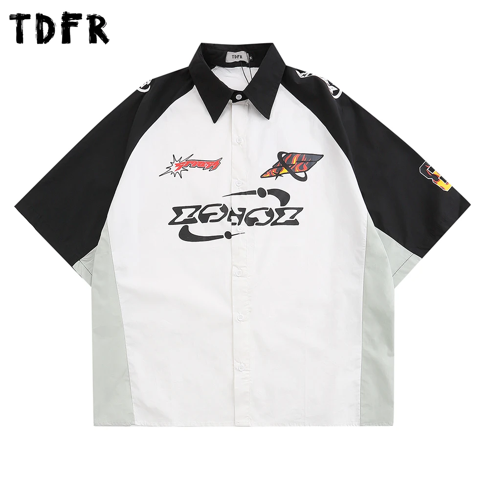 

Contrast Paneled Short Sleeve Shirts Mens Summer Streetwear Raglan Sleeve Lapel Half-Sleeve Loose Racing Shirt Men